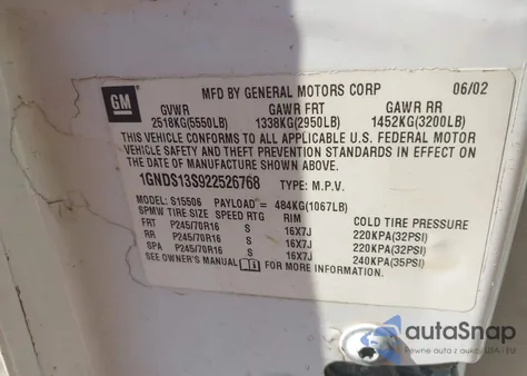 2002 Chevrolet Trailblazer Ls из США, поврежденный, VIN 1GNDS13S922526768